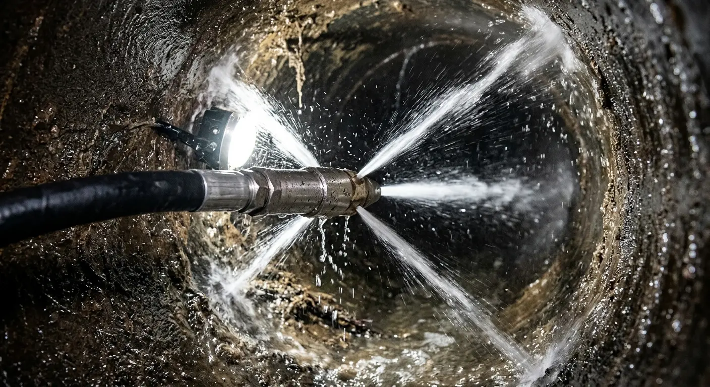 High-pressure hydro jetting nozzle cleaning sewer pipe for Sewer Line Relining in Rosemont