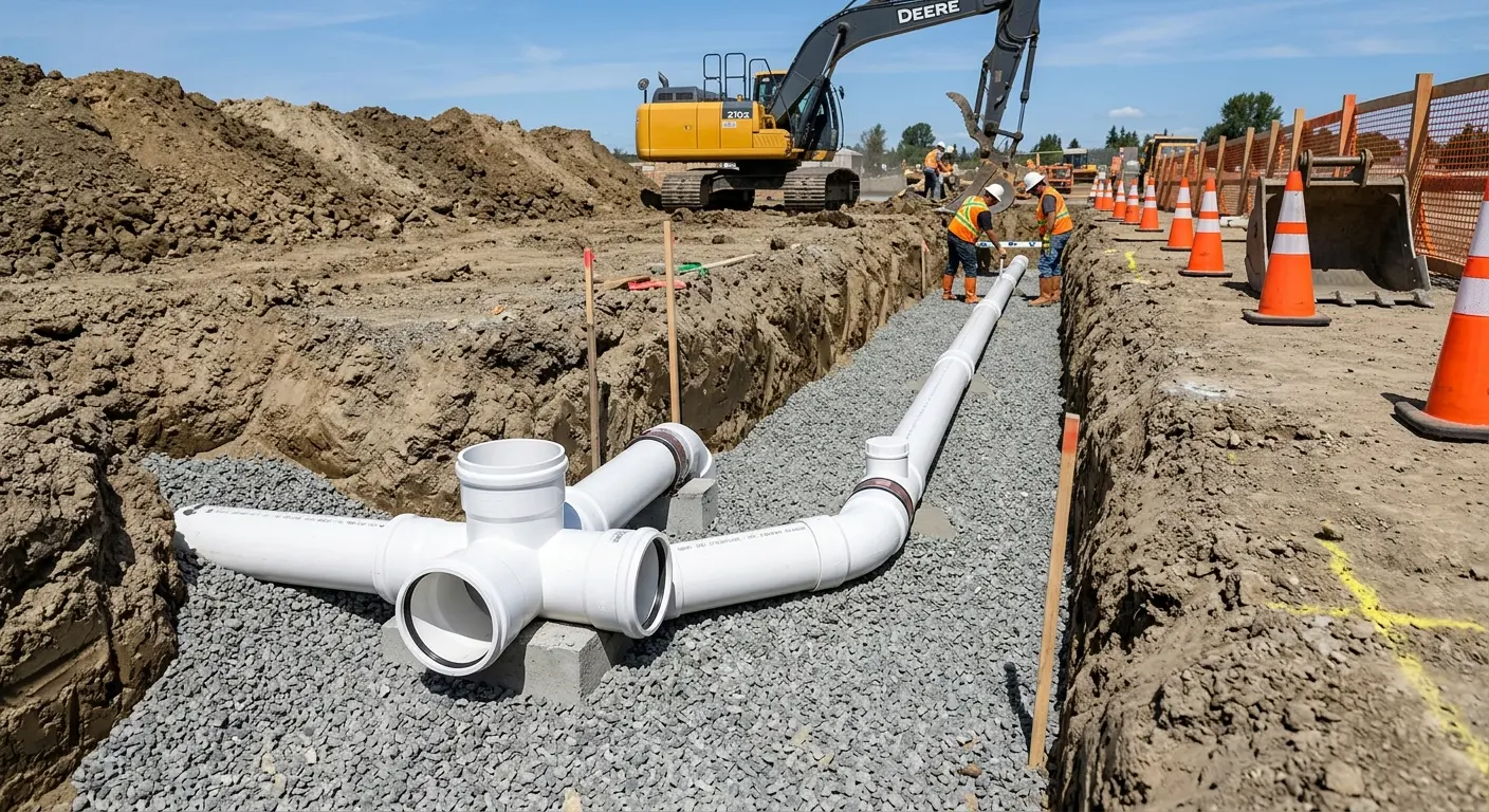 New PVC sewer pipe installation in open trench for Sewer Backup in Rosemont