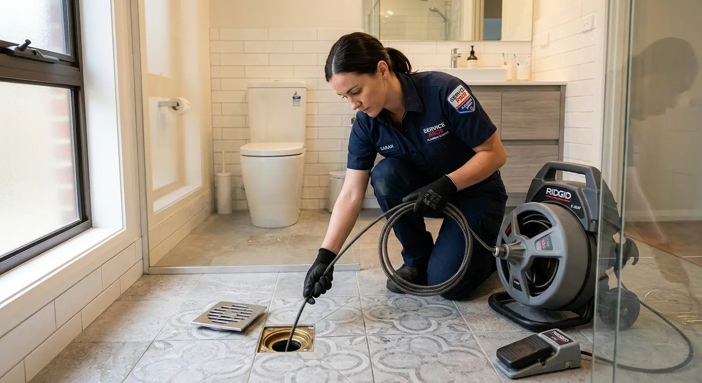 Technician clearing a bathroom floor drain for Sewer Line Replacement in Rosemont